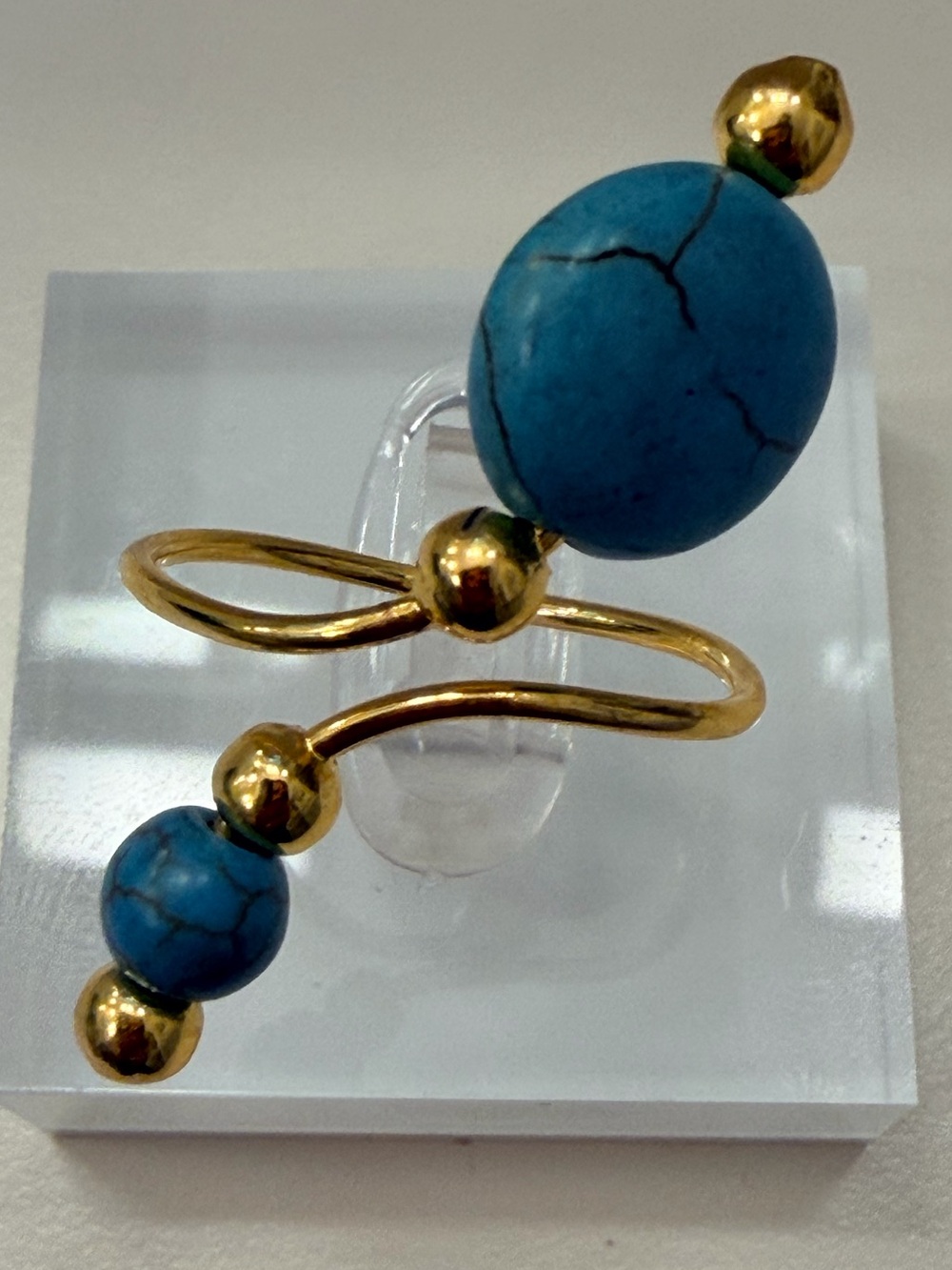 Gold-Tone Turquoise Blue Stone Wrap Statement Ring with Adjustable Sizing